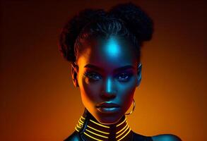 Fashion portrait beautiful black woman, look at camera, in neon studio lighting. . photo