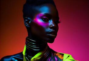 Fashion portrait beautiful black woman, look at camera, in neon studio lighting. . photo