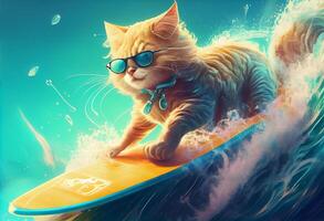 Funny cat in sunglasses rides a surfboard on the ocean waves. Summer vacation concept. . photo