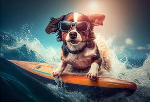 gracioso perro en Gafas de sol paseos un tabla de surf en el Oceano ondas. verano vacaciones concepto. ai generado. foto