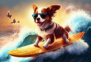 Funny dog in sunglasses rides a surfboard on the ocean waves. Summer vacation concept. . photo