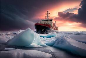 Icebreaker breaks ice hummocks and ice floes in the Arctic Ocean. . photo