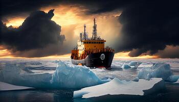 Icebreaker breaks ice hummocks and ice floes in the Arctic Ocean. . photo