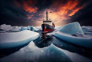 Icebreaker breaks ice hummocks and ice floes in the Arctic Ocean. . photo