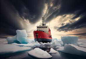 Icebreaker breaks ice hummocks and ice floes in the Arctic Ocean. . photo