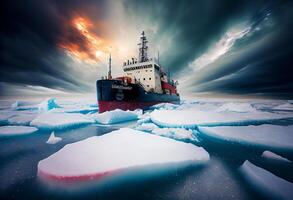 Icebreaker breaks ice hummocks and ice floes in the Arctic Ocean. . photo