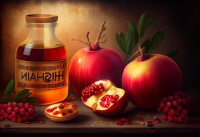 Rosh hashana jewish holiday concept - apples, honey, pomegranat . . photo