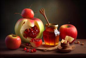 Rosh hashana jewish holiday concept - apples, honey, pomegranat . . photo