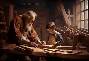 Saint Joseph of Nazareth teaches Jesus Christ about carpentry. Father's Day. Saint Joseph the Worker. . photo