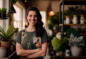 Small business owner smiling in her plant shop . . photo