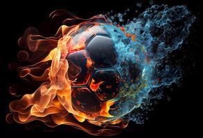 fútbol pelota en fuego y agua. ilustración de el fútbol pelota envuelto en elementos en negro antecedentes. ai generado. foto