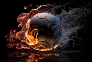 Soccer ball in fire and water. Illustration of the soccer ball enveloped in elements on black background. . photo