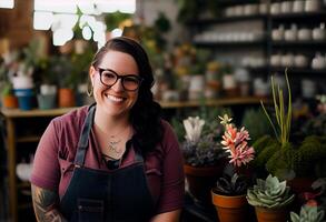 Small business owner smiling in her plant shop . . photo