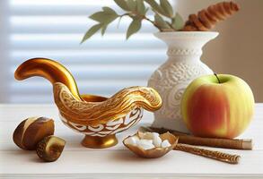 Shofar and other Rosh Hashanah holiday attributes on white wooden table indoors . . photo