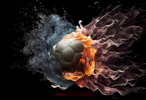 fútbol pelota en fuego y agua. ilustración de el fútbol pelota envuelto en elementos en negro antecedentes. ai generado. foto