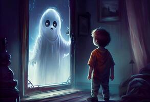 The child scaring to see the ghost, digital art style, illustration painting. . photo