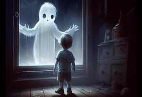 The child scaring to see the ghost, digital art style, illustration painting. . photo