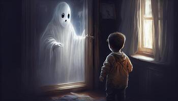 The child scaring to see the ghost, digital art style, illustration painting. . photo