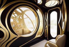 The interior of the spaceship gleamed with a luxurious sheen. . photo
