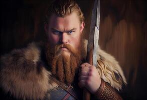 The Viking stood tall and proud, his muscles taut beneath his fur-lined tunic. . photo