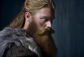 The Viking stood tall and proud, his muscles taut beneath his fur-lined tunic. . photo