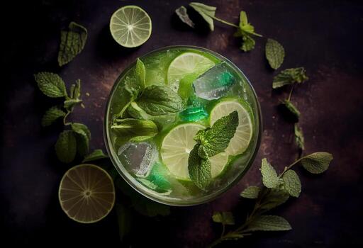 Top view of refreshing mint cocktail mojito. . photo