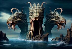 Three head sea monster fantasy 3D illustration digital art landscape wallpaper. . photo