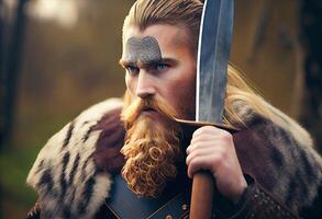 The Viking stood tall and proud, his muscles taut beneath his fur-lined tunic. . photo