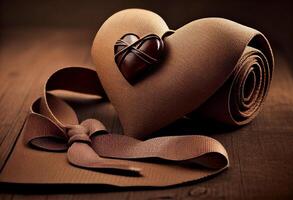 Tie with love heart on brown background, happy fathers day concept. . photo