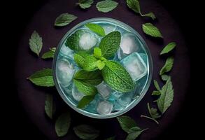 Top view of refreshing mint cocktail mojito. . photo