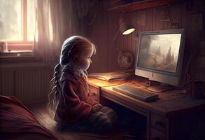 Little girl siting in his room, using a computer. . photo