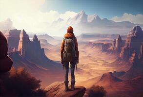 Woman with backpack, traveller or explorer standing on top of mountain or cliff and looking on valley. . photo