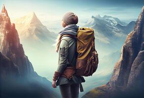 Woman with backpack, traveller or explorer standing on top of mountain or cliff and looking on valley. . photo