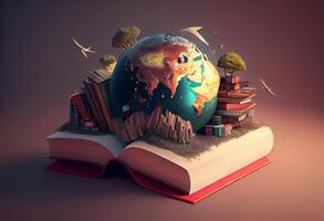 mundo en libros 3d ilustración. ai generado. foto