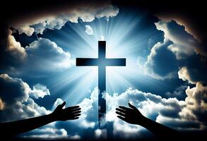 Worship concept christian people hand in hand over cross on spiritual sky background . . photo