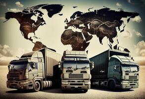 Trucks with cargo on the background of the world map. . photo