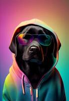 Creative animal composition. Black labrador in torn hoodie, wearing shades sunglass eyeglass isolated. Pastel gradient background. With text copy space. photo