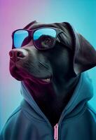 creativo animal composición. negro Labrador en Rasgado sudadera, vistiendo sombras gafas de sol lente aislado. pastel degradado antecedentes. con texto Copiar espacio. ai generado foto