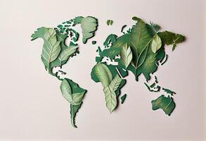 Environmentally friendly planet. Symbolic tree made from green leaves and branches with sketches map of the world. Minimal nature concept. Think Green. Ecology Concept. Top view. Flat lay. Generate Ai photo