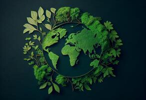 Environmentally friendly planet. Symbolic tree made from green leaves and branches with sketches map of the world. Minimal nature concept. Think Green. Ecology Concept. Top view. Flat lay. Generate Ai photo
