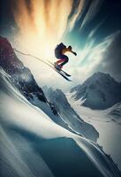 Winter Extreme athlete Sports ski jump on mountain. photo