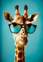 Creative animal composition. Giraffe wearing shades sunglass eyeglass isolated. Pastel gradient background. With text copy space . photo