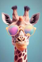 Creative animal composition. Giraffe wearing shades sunglass eyeglass isolated. Pastel gradient background. With text copy space . photo