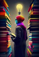 Man with book and lightbulb looking for knowledge on library with colorfull books. photo