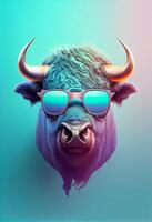 Creative animal composition. Buffalo wearing shades sunglass eyeglass isolated. Pastel gradient background. With text copy space. photo