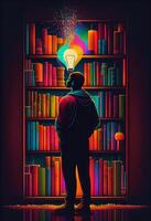Man with book and lightbulb looking for knowledge on library with colorfull books. photo