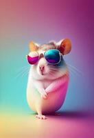 Creative animal composition. Mouse wearing shades sunglass eyeglass isolated. Pastel gradient background. With text copy space. photo