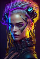 Photo cyberpunk woman portrait futuristic neon style.