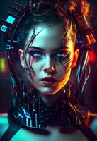foto cyberpunk mujer retrato futurista neón estilo. ai generado