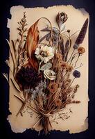 Photo dried flowers and plants over antique vintage card.